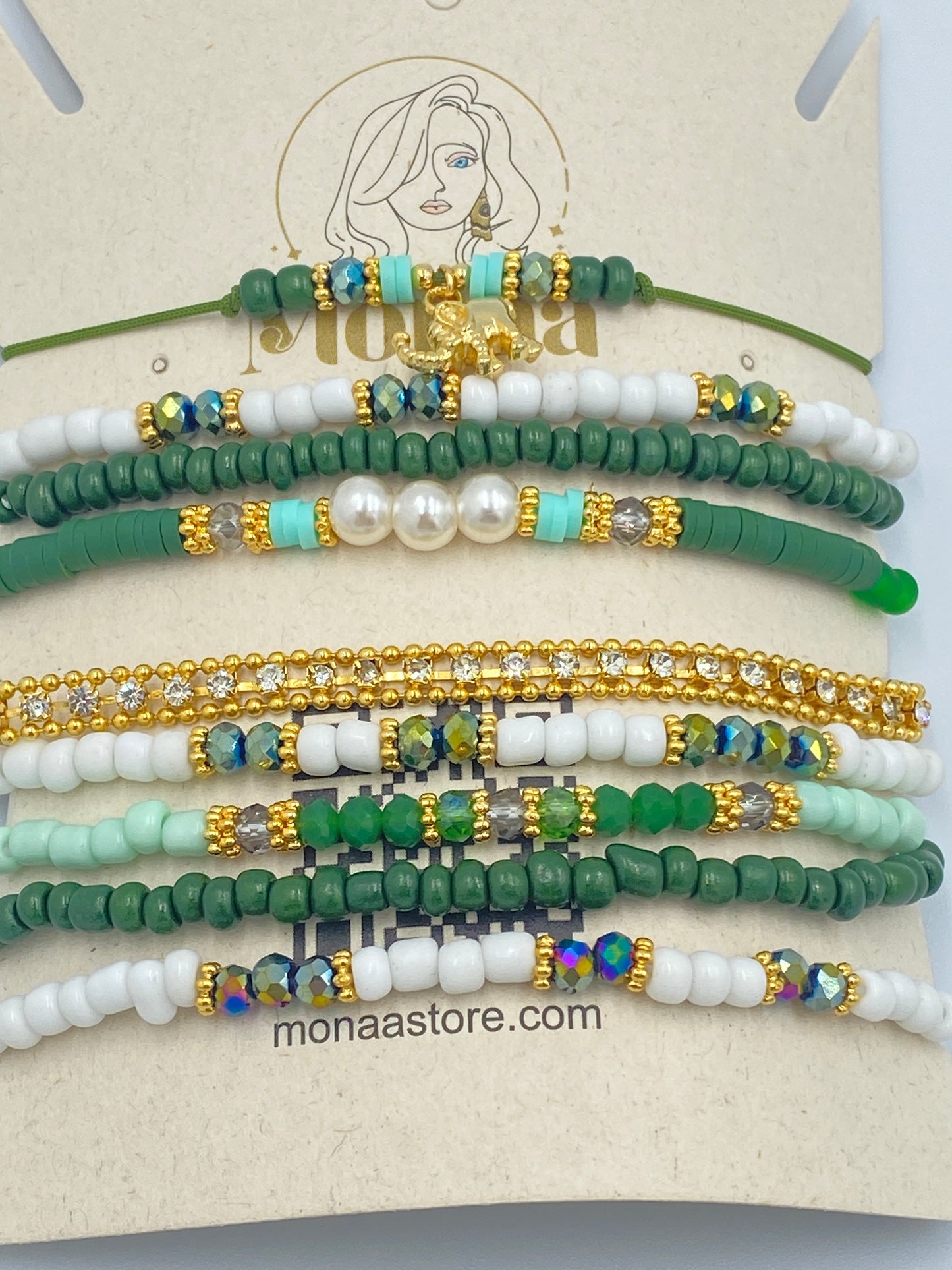 Bracelet Green Set with Gold Elephant .