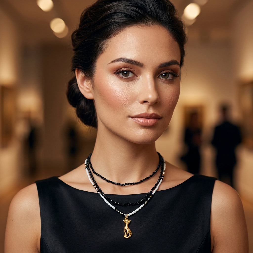 Gold Cat pendant in a Black and White Necklace