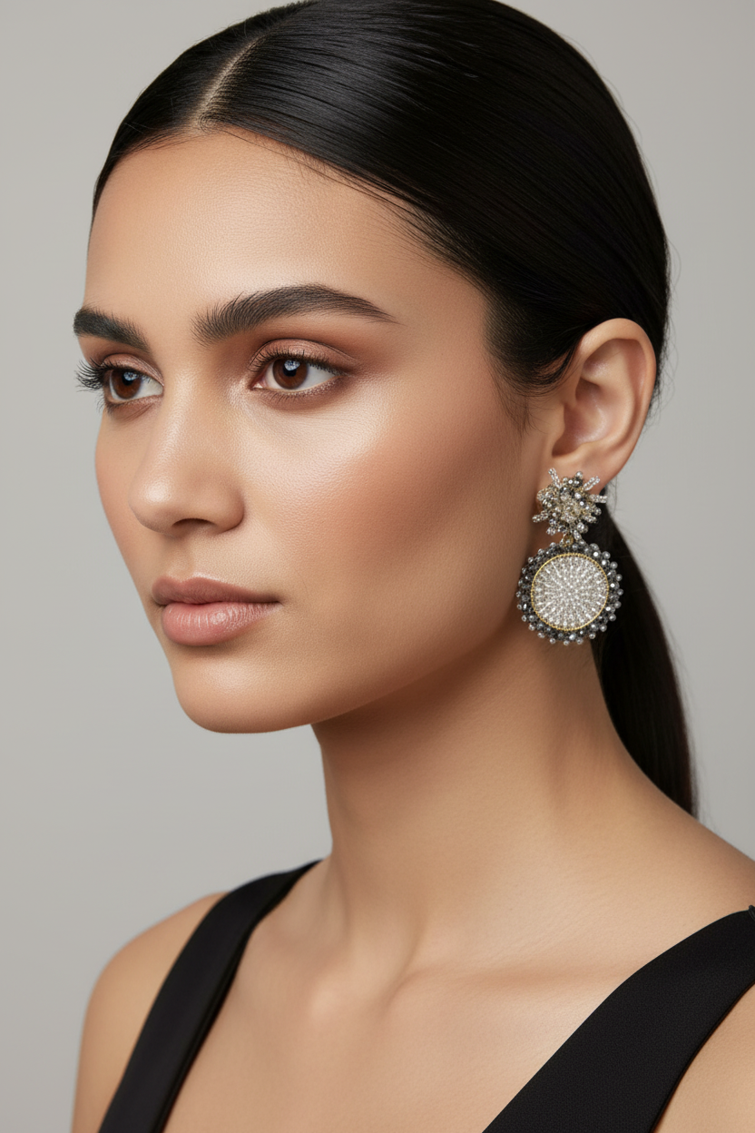 Gilded Radiance: Gold and Silver Round Drop Beaded Earrings. Elevate your style with timeless glamour.